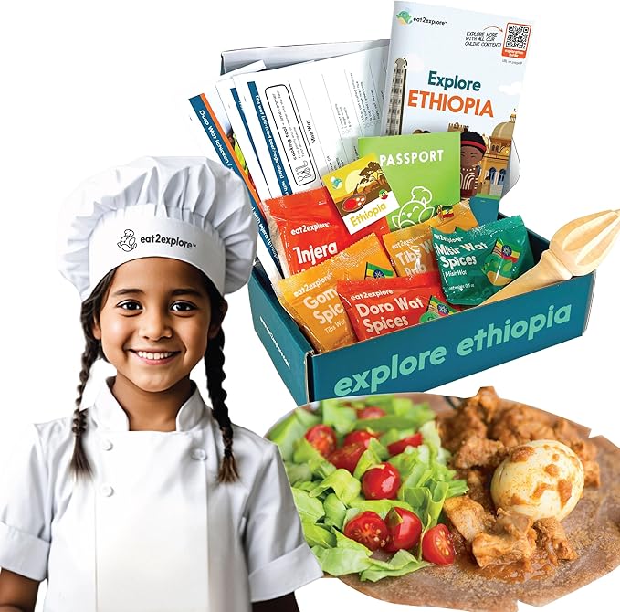 eat2explore Cooking Kits for Kids - Interactive & Educational Set with 3 Recipe Cards, Key Ingredients & Cooking Tools - Ideal Idea for Kids who Love to Create Meals (Ethiopia Edition)