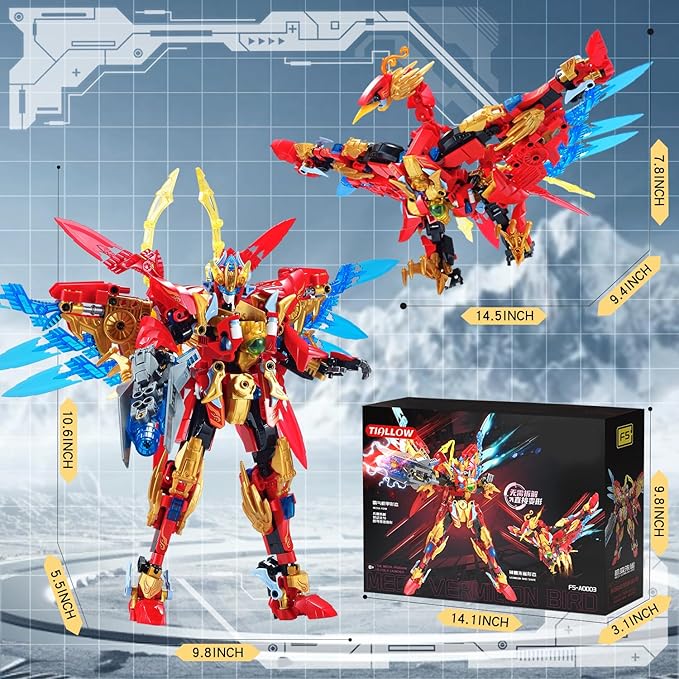 Fire Phoenix Mech Sets 2in1 Building Blocks，Transforming Robot Building Kits with Vermilion Bird Model，Christmas Birthday Gift for Adults Kids Boys Ages 8-14（531 Pieces） (Vermilion Bird)