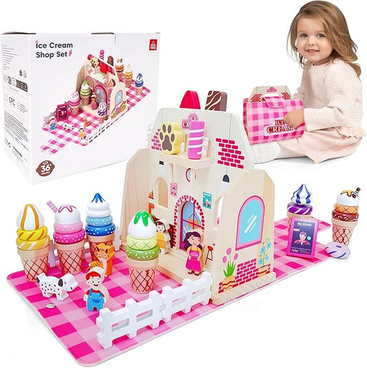 Wooden Ice Cream Shop Toy Set with Handbag, 39 Pcs Pretend Play Food & Ice Cream Toys for Toddlers 3-5 Birthday Gift , Montessori Learning Educational Toys Color Sorting, Play Kitchen Accessories