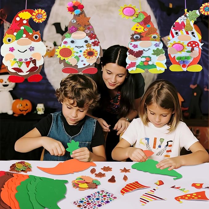 24 Sets Halloween Fall Gnome Crafts Kits for Kids,DIY Fall Gnomes Ornaments Decorations Art with Leaf Pumpkin Sunflower Foam Stickers Arts for Kids Autumn Thanksgiving Activity Art Project