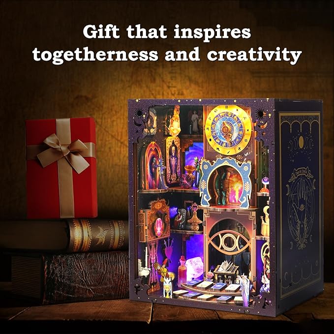 Book Nook Kit - Fantasy Tarot 3D Wooden Puzzle for Adults, Teens & Beginners, DIY Miniature Bookshelf Insert with LED Light, Mysterious Craft Gift for Model Builders