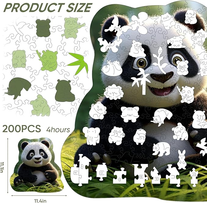 Wooden Jigsaw Puzzle, 200 Pcs Unique 3D Shape Jigsaw Puzzles, Wood Puzzle Gift Box Packing, Medium Size Letter, Creative Gift for Adults and Kids, Fun Challenging (200PCS, Panda)