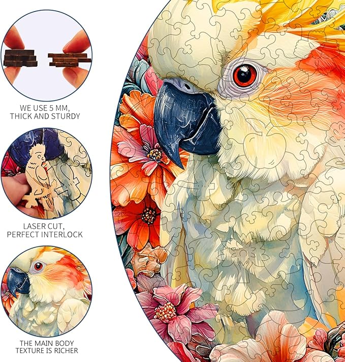 Wooden Jigsaw Puzzle, 200-500 Pieces Unique Shape Animal Puzzle, for Adults & Kids, Birthday Gift Family Game, Decorative Puzzle, Unique Gift (Cockatoo Fantacy, 200 PCS)