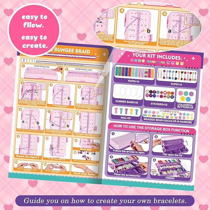 Hewaurorion Friendship Bracelet Making Kit Toys, Arts and Crafts String Maker Tool for Kids Ages 8-12, Bracelet DIY Christmas Birthday Present Gifts for Teen Girls (Red/Pink)