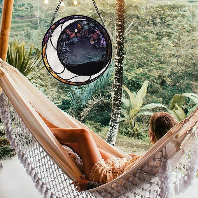 Stained Glass Window Hanging - Black and White Moon Sun Catcher for Door Terrace Garden Home Decor, Abstract Plant Flower Suncatcher Birthday Gifts for Lovers Women Men Dad Mom Nana 9.8 in