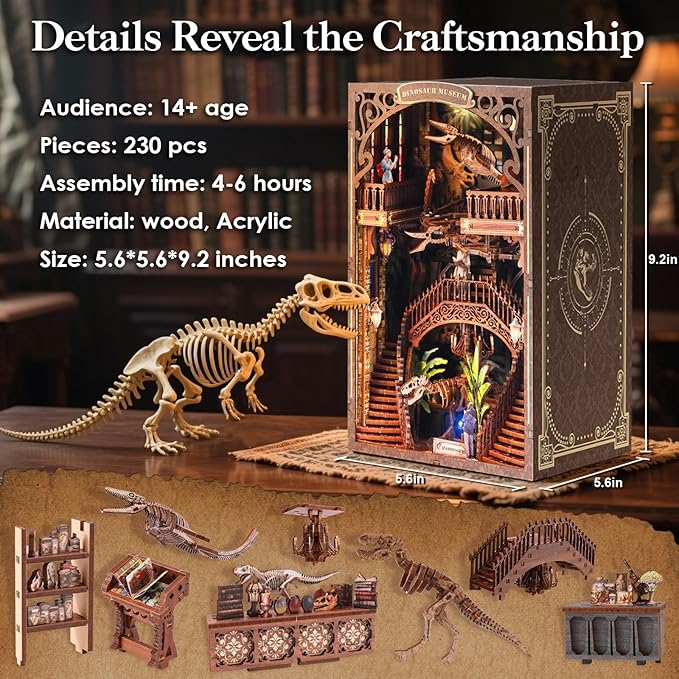[2025 New] Dinosaur Museum Book Nook Kit with Dust Cover & LED Light, DIY Miniature House Kit Toy, 3D Wooden Puzzle Bookshelf Decor Building Kit, Birthday Gifts for Family & Friends