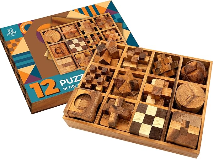 BSIRI Wooden Puzzle Box Set (12 Games) - Challenging Brain Teasers and 3D Puzzles for Adults, Interlocking Games for IQ Test, Ideal for Patio Decor and Unique Gift for Chistmas