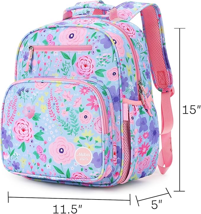 mibasies Kids Backpack for Girls: Girls Backpack 5-8 - Kindergarten Elementary School Bookbag for Girl - Flower Light Blue