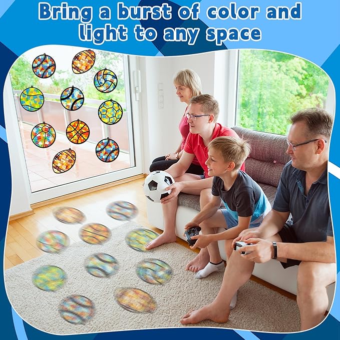 32 Sets Sports Ball Suncatchers Craft Kit DIY Window Stained Glass Effect Football Baseball Basketball Paper Craft Home School Classroom Decoration Kid Birthday Gift Creative Art Project Activity Game