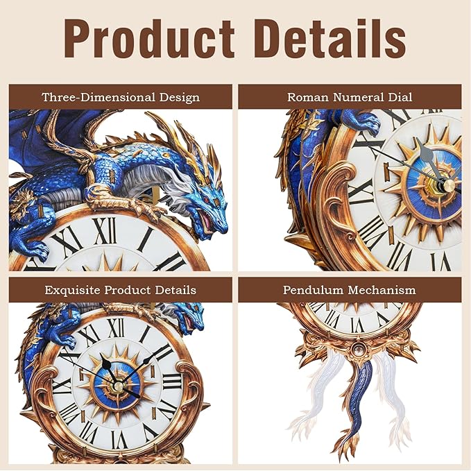 Cutywood 3D Puzzles for Adults Clock-Blue Dragon Design Model Kit-Mechanical DIY Pendulum Clock with Roman Numerals-Desk Home Office Decor Personalized Gift for DIY Lovers