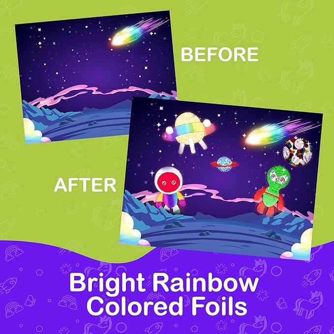 Craftikit ® Rainbow Adventure Foil Art & Scratch Art for Kids- 2-in-1 Arts and Crafts Kit for Kids Ages 4-10 - Rainbow Crafts for Boys Ages 4, 5, 6, 7, 8, 9, 10