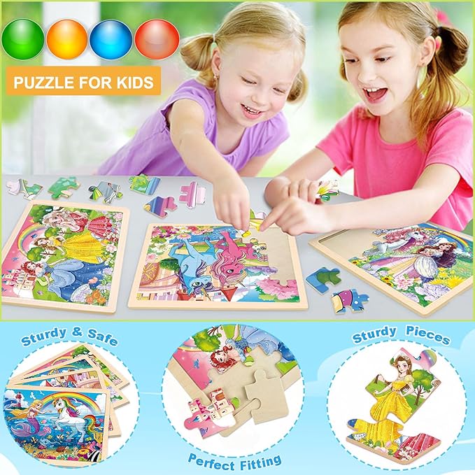 Wooden Puzzles for Kids Ages 4-6, 4 Packs 24 PCs Unicorn Mermaid Princess Jigsaw Puzzles, Preschool Educational Puzzles Toys Gifts for Girls 3 4 5 6 Years Old.