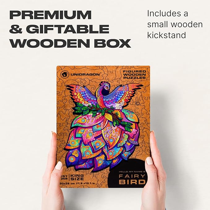 UNIDRAGON Original Wooden Jigsaw Puzzles - Fairy Bird, 297 pcs, King Size 11.6"x15.1", Beautiful Gift Package, Unique Shape Best Gift for Adults