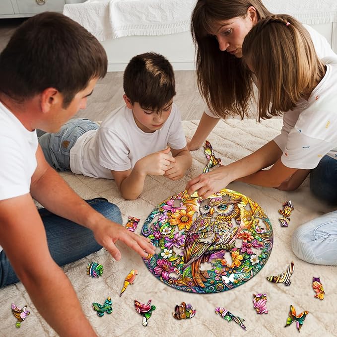 Wooden Puzzles for Adults - Challenging Colorful Owl Adult Puzzle, Unique Animal Shaped Wooden Jigsaw Puzzles for Adults, Creative Gifts Family Games 13.4 * 13.4in 290pcs