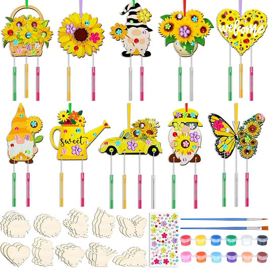 JellyArch 30 Pack Summer Wind Chime Making Kit for Kids, Make Your Own Sunflower Butterfly Gnome Wind Chime Wooden Spring Ornaments for Girls and Boys DIY Crafts Activity Birthday Decoration