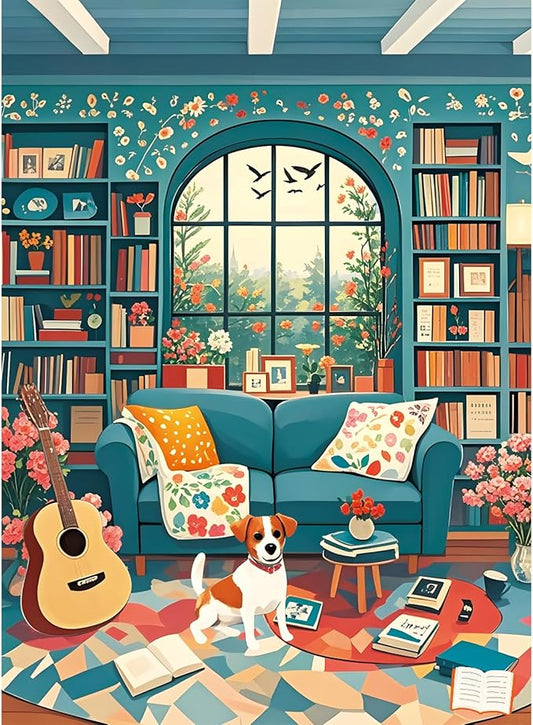 300 Piece Puzzle for Adults, Cozy Afternoon Jigsaw Puzzles, Vintage Living Room with Dog and Books 300 Piece Puzzle, Relaxing Family Activity for Kids and Adults, 20.5×15 in