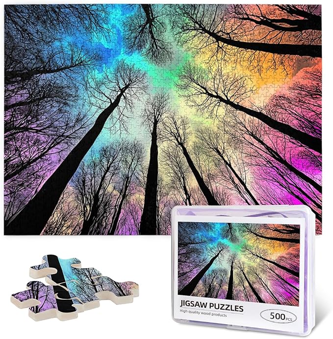 Colorful Forest Under Starry Night 500 Pieces Colorful Gradient Magic for Adult,Hard Challenge Puzzle Northern Lights Starry Night Glow in The Dark Puzzle for Birthday Gifts and Family Game