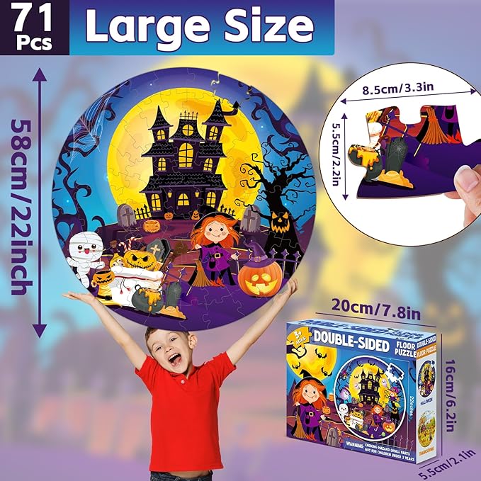 71 PCS Halloween Thanksgiving Double Sided Floor Puzzle for Kids Ages 4-8 Large Jigsaw Puzzles Ages 3-5 Castle Pumpkin Fall Scarecrow Educational Learning Toys