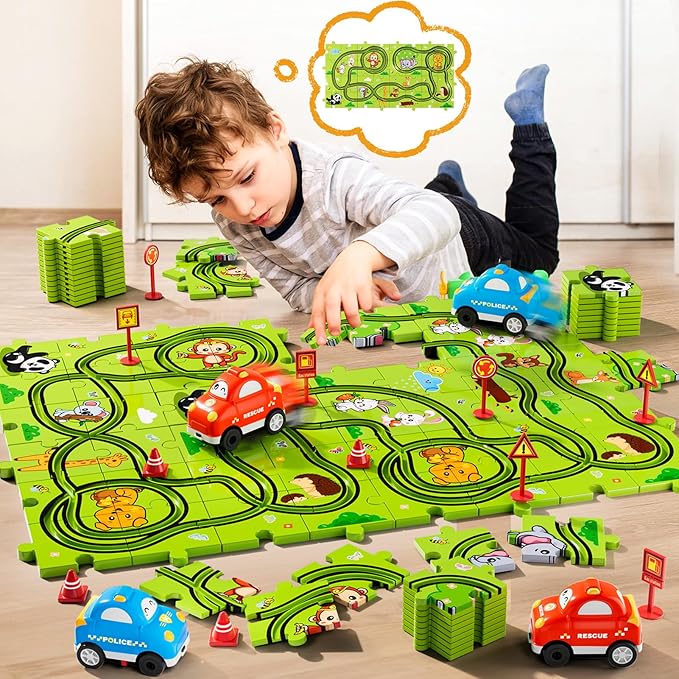 48 PCS Puzzle Race Track Car Set Toys for Kids Boys, Puzzle Tracks Car for Boys Ages 3-5 4-6, Toddler Toys Gifts for 3 4 5 Year Old Kids, Ideal 3 4 5 6 Year Old Birthday Gifts
