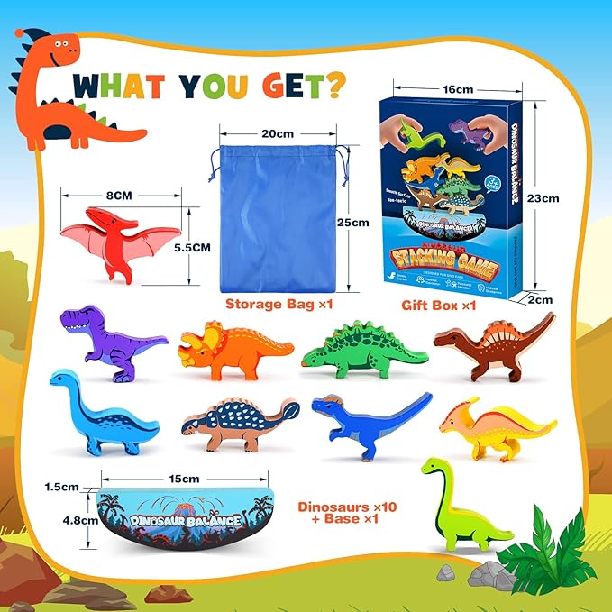 Dinosaur Toys for Kids 3-5: Wooden Stacking Montessori Toys for 3 4 5 6 7 8 Year Old Boys Girls Christmas Birthday Gifts for Kid Ages 4-8 Balance Competition Game for Family Stocking Stuffers