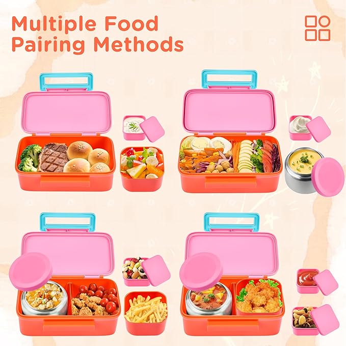 Bento Lunch Box for Kids With 8oz Thermo, Leakproof Bento Box with with 2 Compartments, Insulated Bottle, Lunch Bag, BPA Free Dishwasher Safe for School Girls Boys (Pink)
