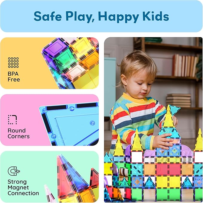 PicassoTiles Magnetic Tiles 152pcs Mirror Theme Magnet Tile Building Blocks STEM Sensory Toys with Car for Kids Toddlers Boys Girls Age 3+ Educational Learning Construction Play Set PT152