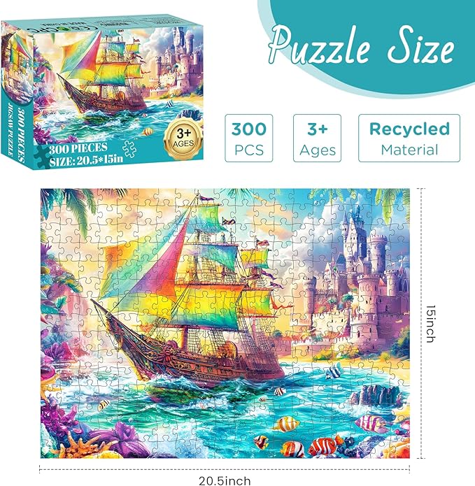 300 Piece Puzzles for Adult, Sea Beach Jigsaw Puzzles 300 Pieces for Adults Kids Senior, Ship Adult Jigsaw Puzzles, Challenging Family Fun Puzzle Activity Game Gift for Friend 20.5 X 15 in
