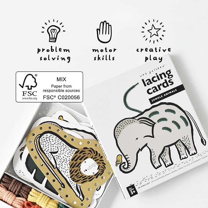 Wee Gallery Jungle Lacing Cards, Sewing Board and Travel Game for Toddlers and Preschoolers, Fine Motor Skills Toy, Montessori-Inspired Educational Kids Craft Activity for Ages 3+