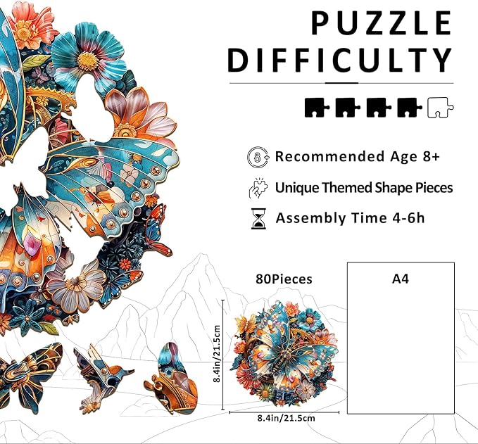 Wooden Puzzles for Adults - Mechanical Butterfly Wood Puzzles Adult - Unique Animal Shape Wooden Jigsaw Puzzles for Adults - Birthday Gifts for Puzzle Lovers, Family (8.4 * 8.4in)
