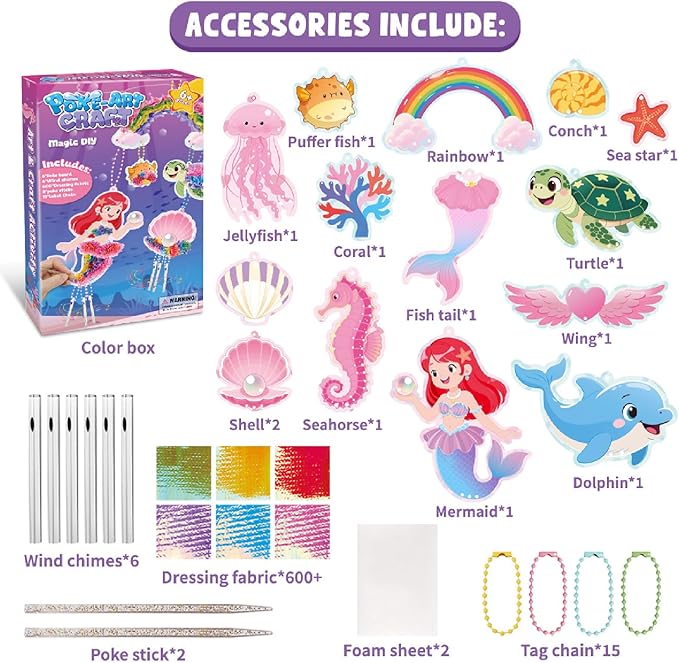 Poke in Art-Mermaid Theme, Poke in Fun Art Crafts for Kids Ages 4-8, DIY Craft Kits, Mess-Free Fabric Art and Craft, 4-6 - Mess-Free Craft - Birthday Gift Ideas for Girls Ages 4, 5, 6, 7, 8, 9