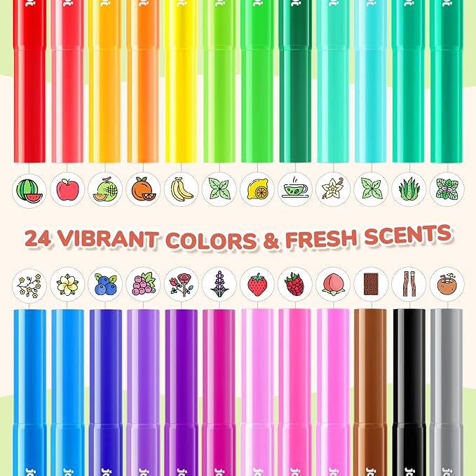 JoyCat Scented Washable Markers For kid, 24 Vibrant Colors with Fun Scent-Chunky Nip for Easy Grip, Coloring Markers For Toddlers, Non-Toxic & Safe for Ages 3+,Ideal Gift & Art Activities Supply