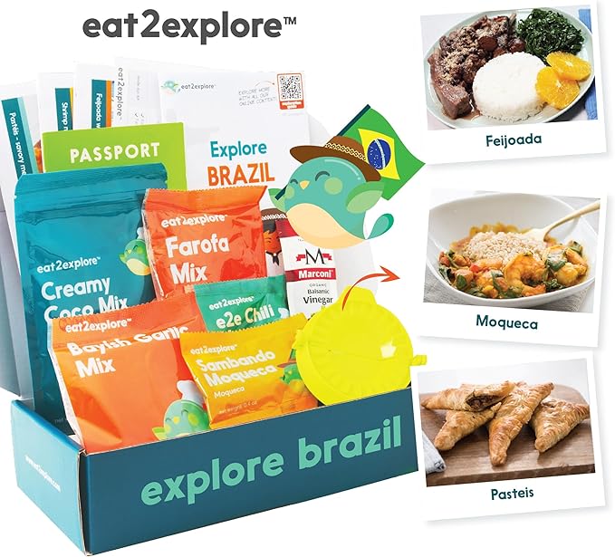 eat2explore Cooking Kits for Kids - Interactive & Educational Set with 3 Recipe Cards, Key Ingredients & Cooking Tools - Ideal Idea for Kids who Love to Create Meals (Brazil Edition)
