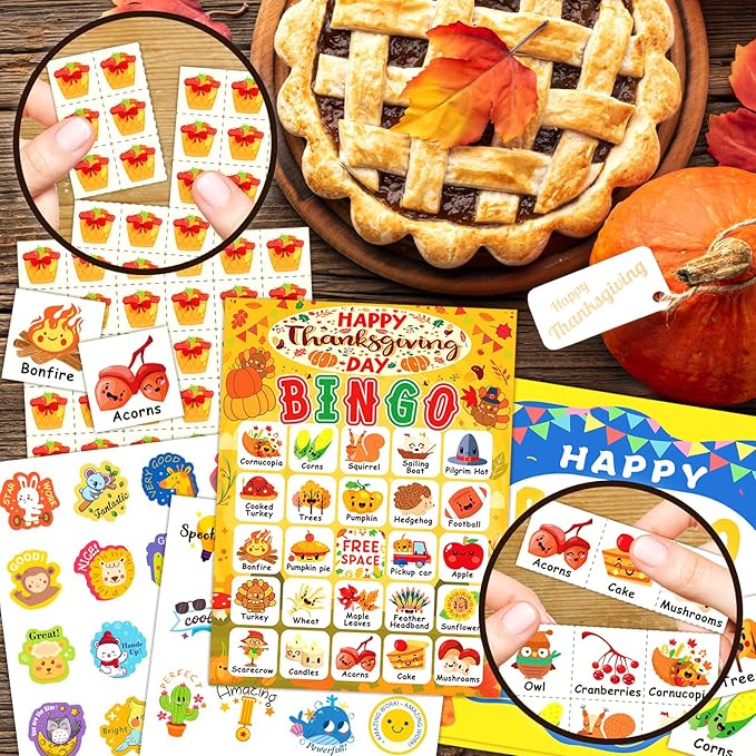 24 Players Thanksgiving Bingo Cards, Thanksgiving Bingo Game for Kids with Punny Stickers Fall Festival Bingo Sets Classroom Family Party Game Holiday Activities