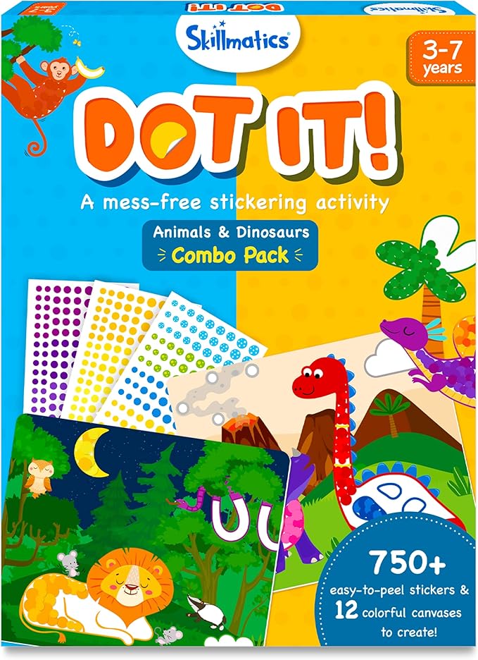 Skillmatics Dot It Sticker Art - Animals & Dinosaurs Combo, Mess-Free Fun for Kids, 750+ Stickers, Craft Kits, DIY Scrapbooking Activity, Travel Toys, Gifts for Ages 3, 4, 5, 6, 7