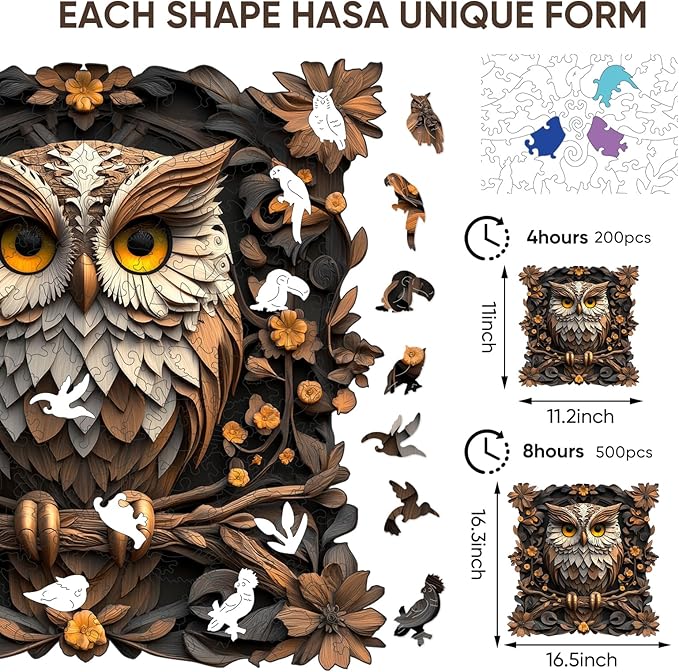 Wooden Puzzles for Adults 500 Pieces, Metal Owl Jigsaw Puzzles, Unique Shape Adult Puzzles, Irregular Christmas Thanksgiving Gifts for Family Friend(16.5 * 16.3 in)