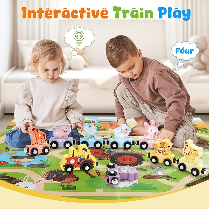 TenFans Montessori Toys, Magnetic Wooden Animal Train Set for Toddlers, 11 Pieces, Educational Preschool Learning Toys, Birthday Gifts for Boys & Girls