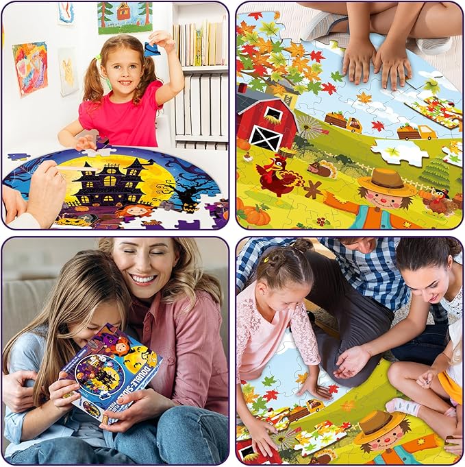 71 PCS Halloween Thanksgiving Double Sided Floor Puzzle for Kids Ages 4-8 Large Jigsaw Puzzles Ages 3-5 Castle Pumpkin Fall Scarecrow Educational Learning Toys