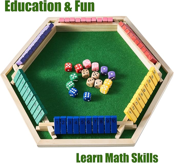 Vamslove Shut The Box Game for 6 Player with 12+4 Dice - Colorful 6 Sided Wooden Board Math Number Games for Kids Adults Families Party Club (Instructions Included)