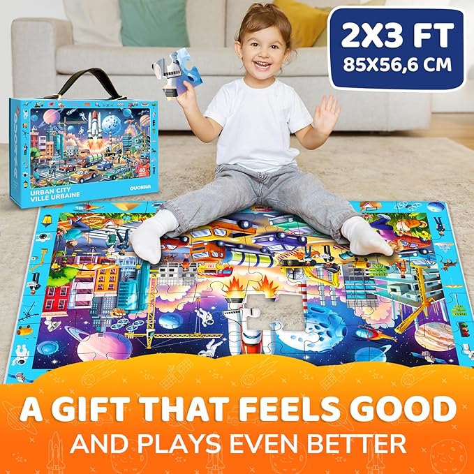QUOKKA Floor Puzzles for Kids Ages 4-8 – 2x3 FT Giant Search and Find Educational Jigsaw – 48 Large Pieces – Above and Beyond Observational Scene – Fun Montessori Learning Activity with Gift Box