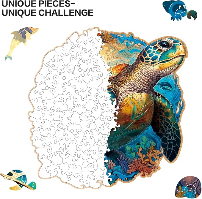 Wooden Puzzle,Coral Sea Turtle Jigsaw Puzzles 200 Piece,Fun Challenging Puzzles Family Game Gift,Unique Shape Puzzles for Adults 11 x 11 Inch