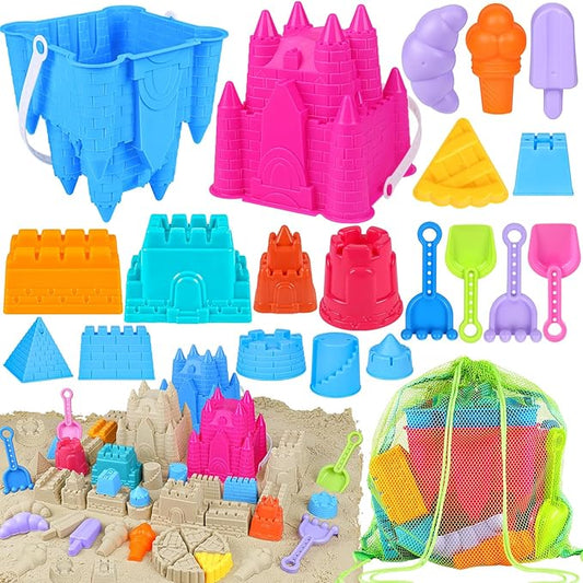 Beach Toys Sand Toys for Kids, Sand Castle Toys for Beach with 2 Sand Castle Bucket and Mesh Bag, Sand Molds, Shovels and Rakes, Sandbox Toys for Toddlers, Travel Beach Toys for Kids 3-10