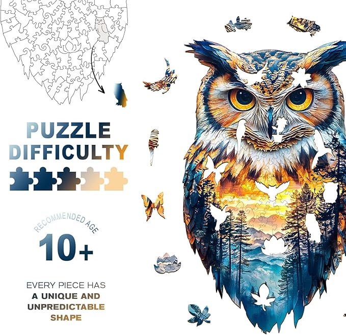 Wooden Jigsaw Puzzles, Forest Owl Wooden Puzzles for Adults with Unique Shape, Adult Jigsaw Puzzle, Birthday Gifts for Adults, 8.5"x5.1"- 70pcs
