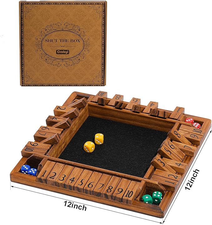 Shut The Box Game Wooden for 1-4 Players，Educational & Fun Wooden Board Game with 10 Dice and Shut-The-Box Instructions for Kids & Family, Pub Dice Game for Adults. (12 Inches)