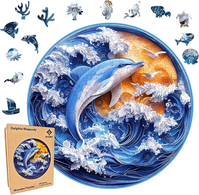 Wooden Jigsaw Puzzle, 200-500 Pieces Unique Shape Animal Puzzle, for Adults & Kids, Birthday Gift Family Game, Decorative Puzzle, Unique Gift (Dolphin Rhapsody, 200 PCS)