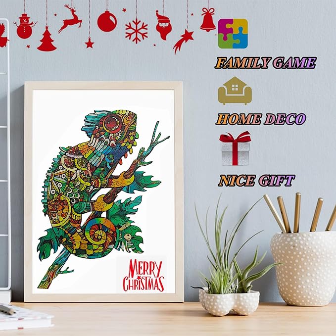 Wooden Jigsaw Puzzle for Adults,Unique Chameleon Animals Shaped Magic Jigsaw Puzzle Pieces Best Gift for Adults,Can be Used as a Cool Mouse Pad, 127pcs,(11.5x8 inches) Large…