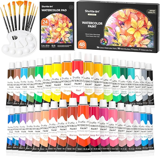 Shuttle Art 48 Pack Watercolor Paint Set, 36 Colors Watercolor Paint in Tubes (12ml Each) with 10 Brushes, 1 Watercolor Pad, 1 Palette, Premium Watercolor Kit for Artist, Beginners, Kids