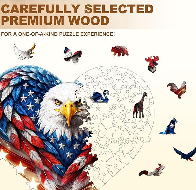 Wooden Puzzles for Adults - 200 Pieces Patriotic Eagle Wood Puzzle - Unique Shapes Wooden Jigsaw Puzzles for Adults - Eco-Friendly Home Office Decor (11.4 * 10.6in)