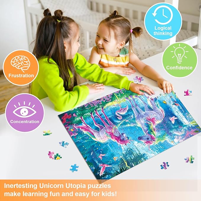 200 Pieces Jigsaw Puzzles for Adults and Teens and Kids Family Happy Games Princess Unicorns World for Girls (Unicorns' Rainbow Play)