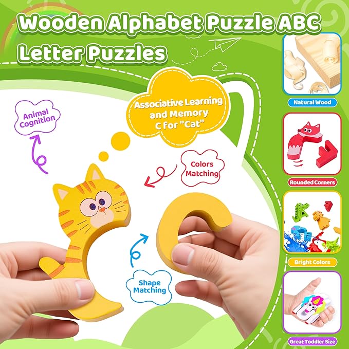 Wooden Toddler Puzzles, Montessori Toys ABC Alphabet Puzzle for Kids Ages 3-5, Cute Animal Shape Letters Matching Game, Preschool Learning Educational Toys Gift for Girls Boys 3 4 5 Years Old