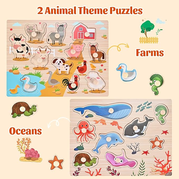 Wooden Peg Puzzles for Toddlers 1-3, 2 Pcs Upgraded Montessori Educational Learning Puzzle Toy Sets - Animal & Sea Themes Puzzles, Great Preschool Gifts for Girls and Boys (8.86 * 11.61in)